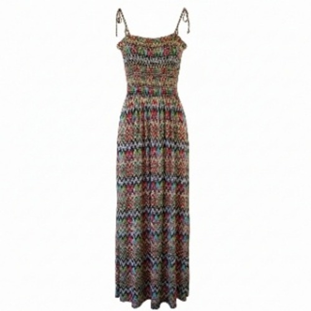 Wet Seal Womens Boho Smocked Maxi Dress Multi Color Chevron Zigzag‎ Size L
